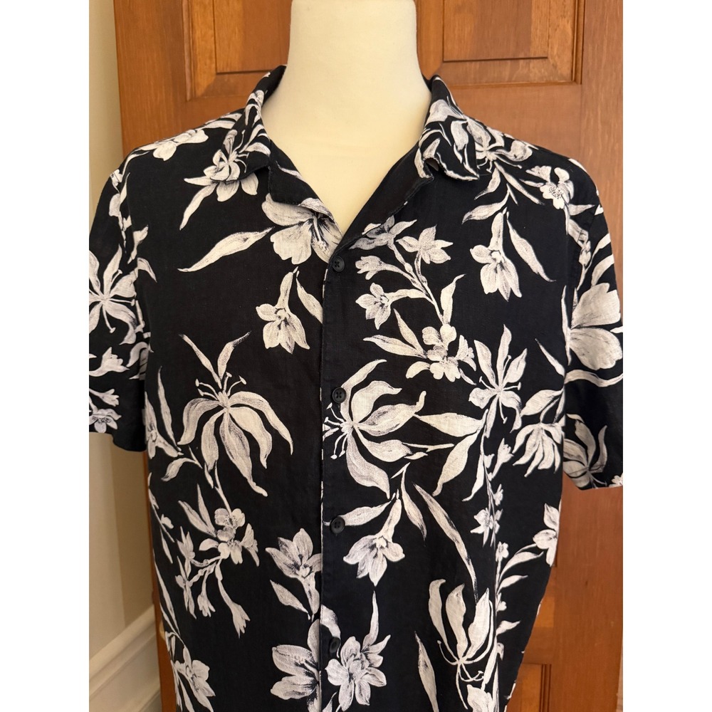 Nordstrom Linen Havana Shirt Men L Black/White Short Sleeve Button-Up Resortwear
